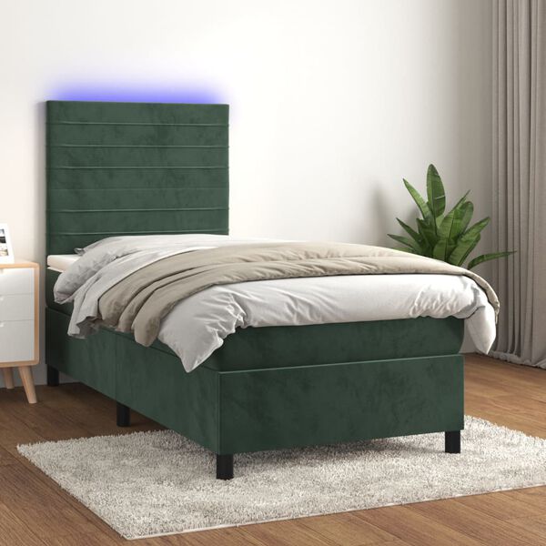 vidaXL Cama box spring c/ colch&atilde;o/LED 90x200 cm veludo verde-escuro