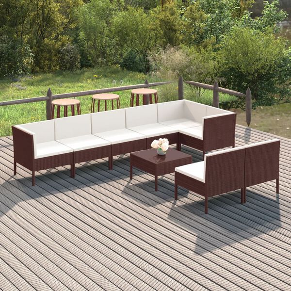 vidaXL 9 pcs conjunto lounge jardim c/ almofad&otilde;es vime PE castanho