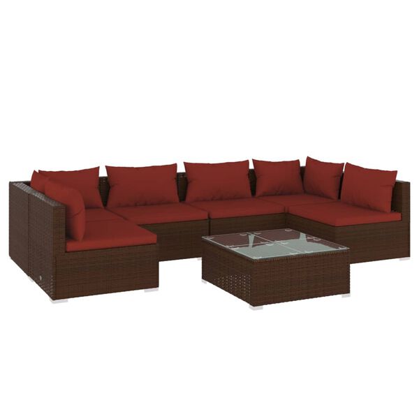 vidaXL 7 pcs conjunto lounge jardim c/ almofad&otilde;es vime PE castanho
