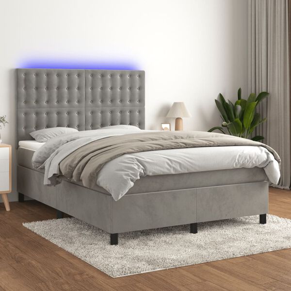 vidaXL Cama box spring c/ colch&atilde;o/LED 140x200 cm veludo cinzento-claro