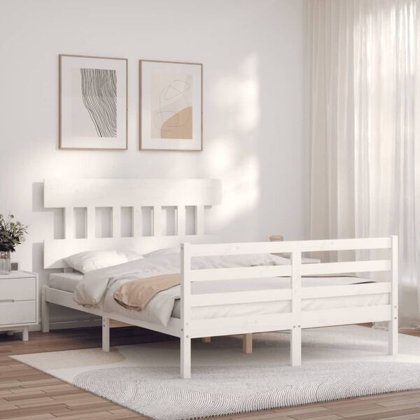 vidaXL Estrutura de cama com cabeceira 140x190cm madeira maciça branco