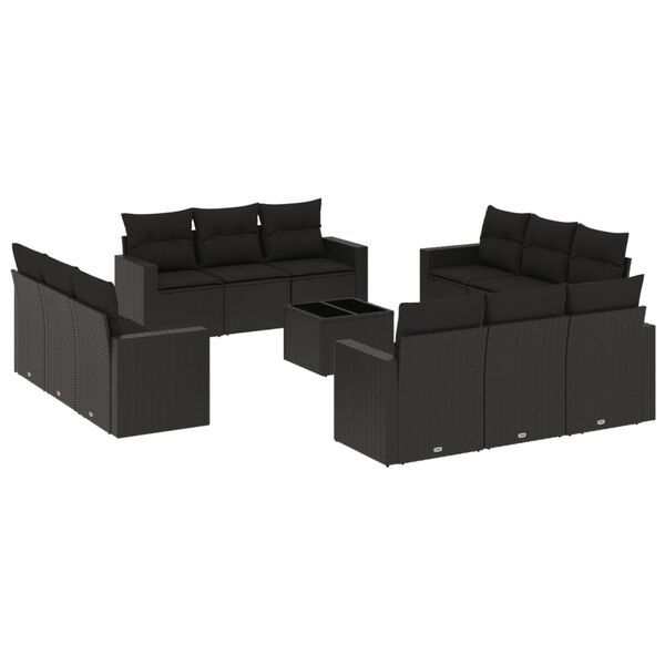 vidaXL 13 pcs conjunto de sof&aacute;s de jardim com almofad&otilde;es vime PE preto