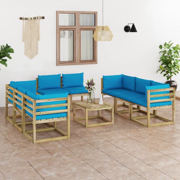 vidaXL Conj. lounge de jardim 9 pcs com almofad&otilde;es pinho impregnado