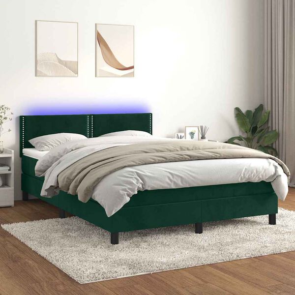 vidaXL Cama box spring c/ colch&atilde;o/LED 140x190 cm veludo verde-escuro