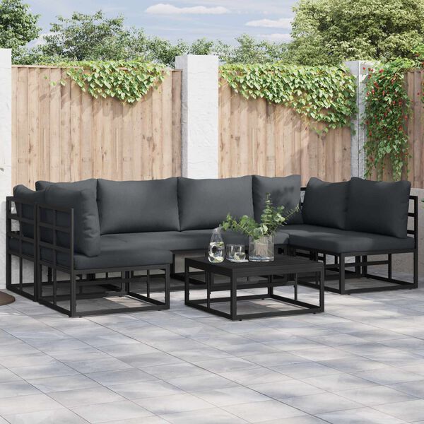 vidaXL Conjunto de Sof&aacute; de Jardim com almofada 7 pcs Preto Alum&iacute;nio