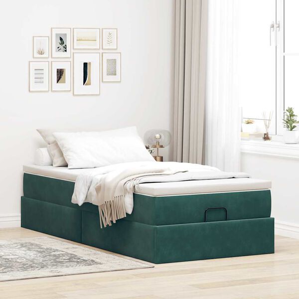 vidaXL Estrutura de cama otomana colch&atilde;o 90x200 cm veludo verde escuro