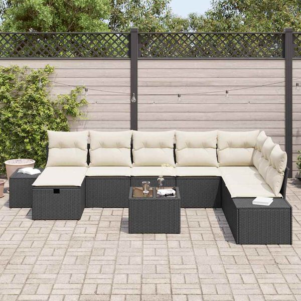 vidaXL Conjunto de Sof&aacute; de Jardim com almofada 9 pcs Preto vime PE