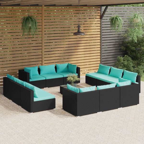 vidaXL 13 pcs conjunto lounge de jardim c/ almofad&otilde;es vime PE preto
