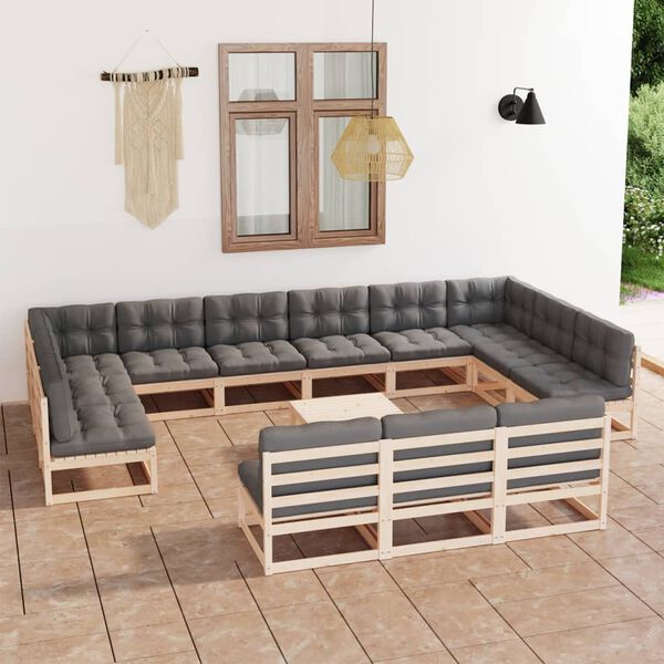 vidaXL 14 pcs conjunto lounge de jardim com almofad&otilde;es pinho maci&ccedil;o