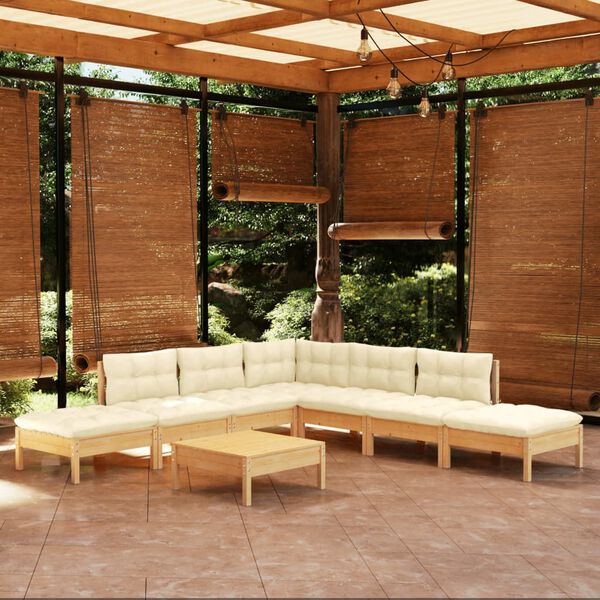 vidaXL 8 pcs conjunto lounge jardim c/ almofadões cor creme pinho