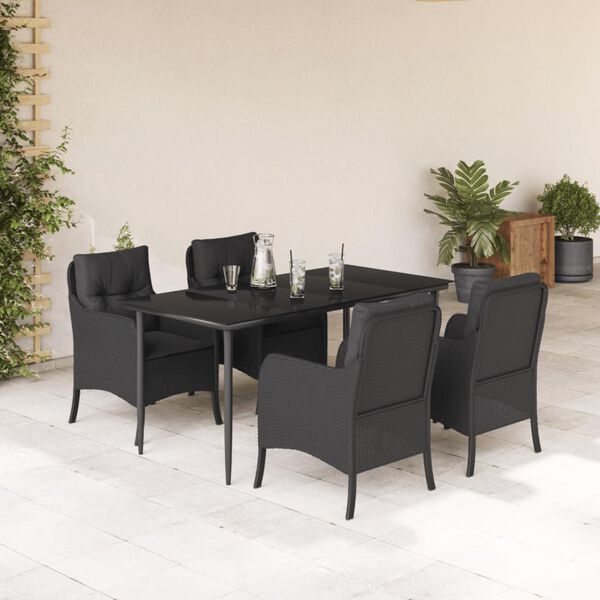 vidaXL 5 pcs conjunto de jantar p/ jardim c/ almofad&otilde;es vime PE preto