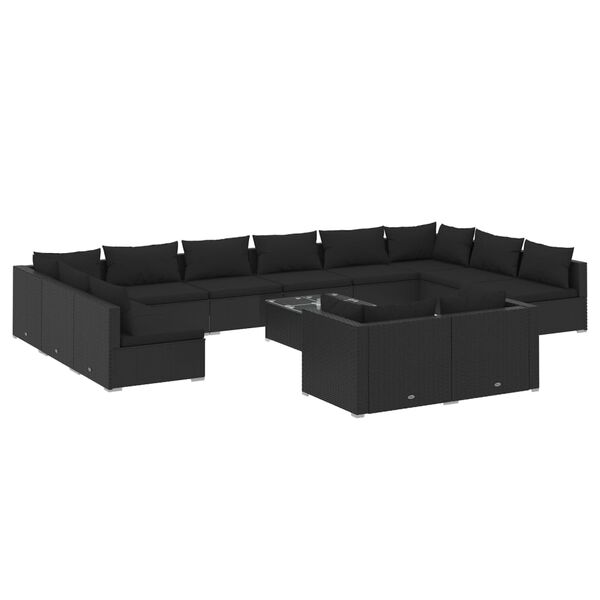 vidaXL 13 pcs conjunto lounge de jardim c/ almofad&otilde;es vime PE preto