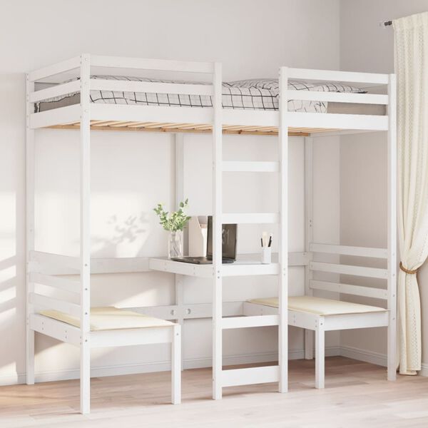vidaXL Cama alta c/ secretária/cadeiras 90x190 cm pinho maciço branco