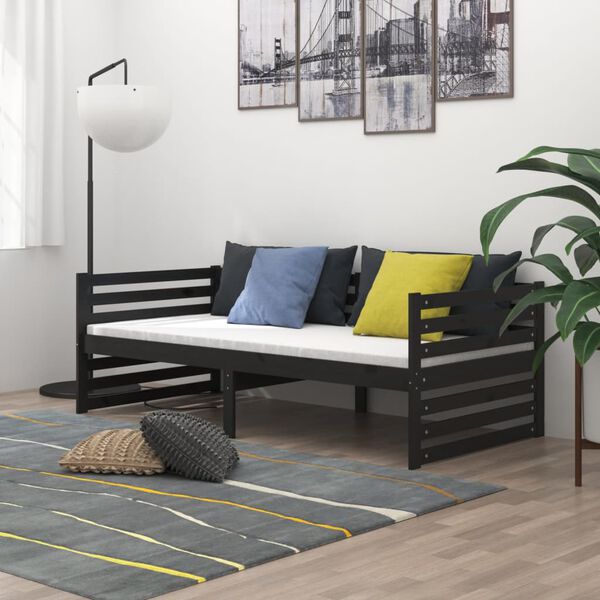 vidaXL Sof&aacute;-cama com colch&atilde;o 90x200 cm pinho maci&ccedil;o preto