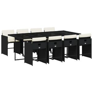 vidaXL 9 pcs conjunto de jantar p/ jardim c/ almofad&otilde;es vime PE preto