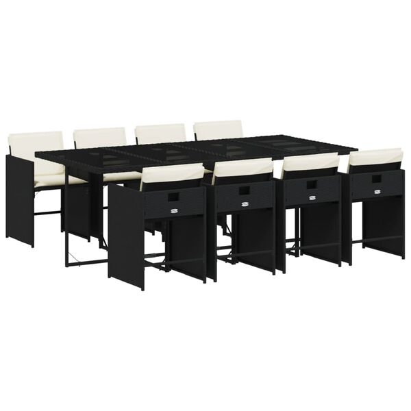 vidaXL 9 pcs conjunto de jantar p/ jardim c/ almofad&otilde;es vime PE preto