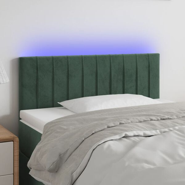vidaXL Cabeceira de cama c/ luzes LED veludo 90x5x78/88cm verde-escuro