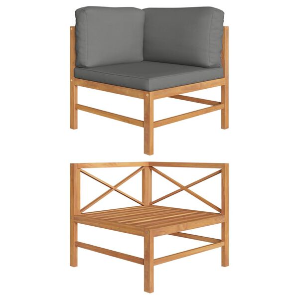 vidaXL Sof&aacute; de canto c/ almofad&otilde;es cinzento-escuro teca maci&ccedil;a