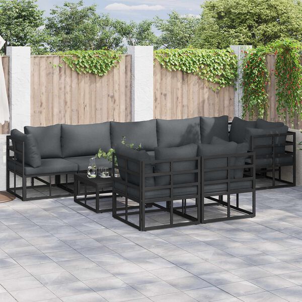 vidaXL Conjunto de Sof&aacute; de Jardim com almofada 8 pcs Preto Alum&iacute;nio