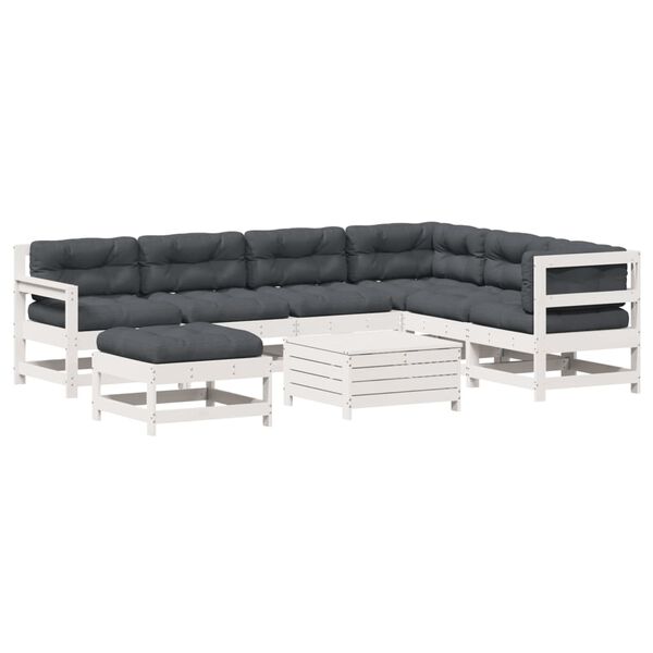 vidaXL 8 pcs conj. lounge de jardim c/ almofad&otilde;es pinho maci&ccedil;o branco