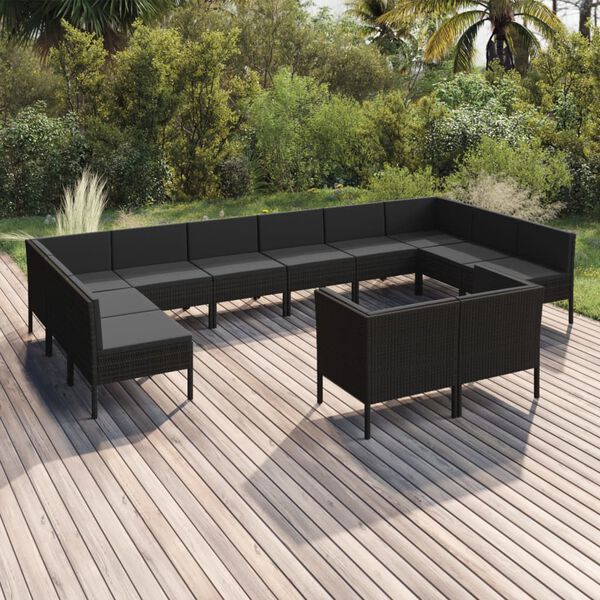 vidaXL 12 pcs conjunto lounge de jardim c/ almofad&otilde;es vime PE preto