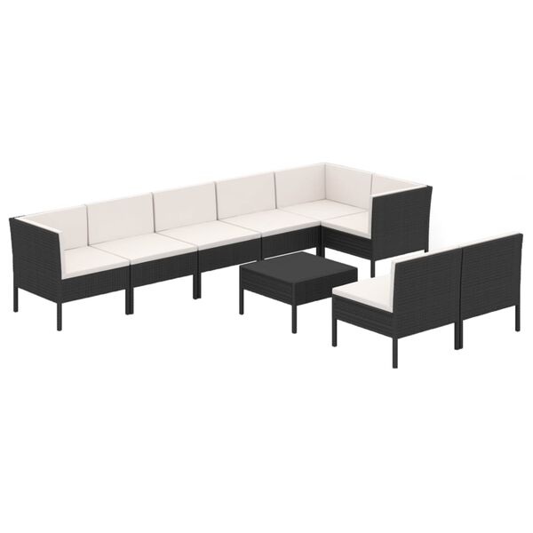 vidaXL 9 pcs conjunto lounge de jardim c/ almofad&otilde;es vime PE preto