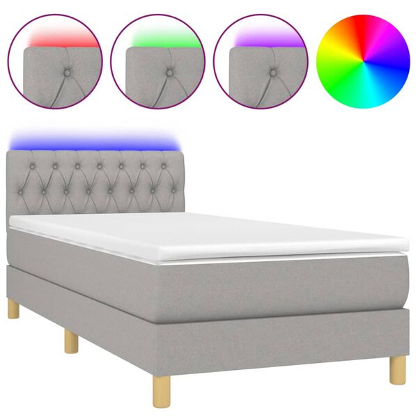 vidaXL Cama box spring c/ colch&atilde;o e LED 90x200 cm tecido cinza-claro