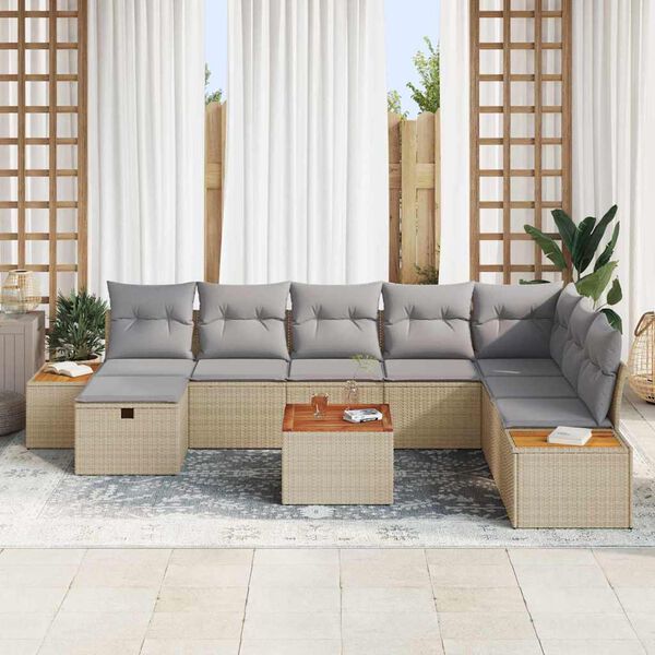vidaXL Conjunto de Sof&aacute; de Jardim 9 pcs Bege Rattan Sint&eacute;tico