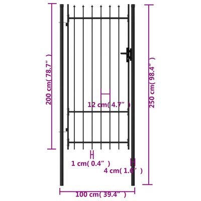 vidaXL Portão de vedação individual topo em espeto aço 1x2 m preto