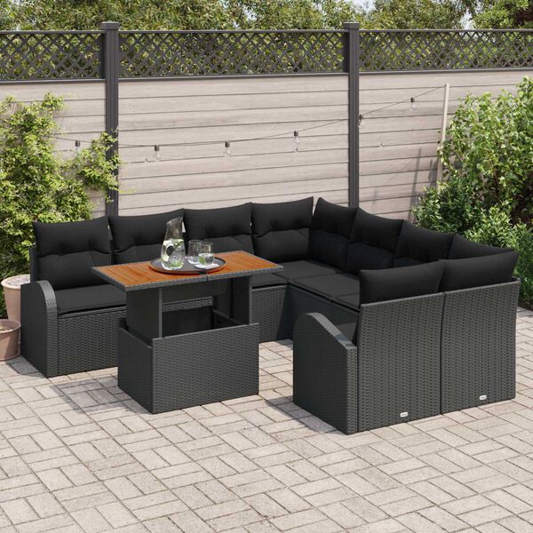 vidaXL Conjunto de Sofá de Jardim 9 pcs Preto Rattan Sintético