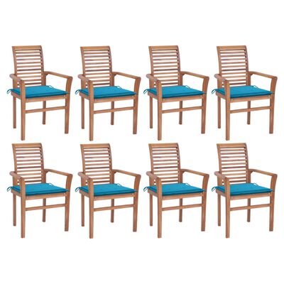 vidaXL Cadeiras de jantar 8 pcs c/ almofadões azuis teca maciça