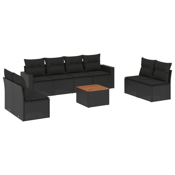 vidaXL 9 pcs conjunto de sof&aacute;s p/ jardim c/ almofad&otilde;es vime PE preto