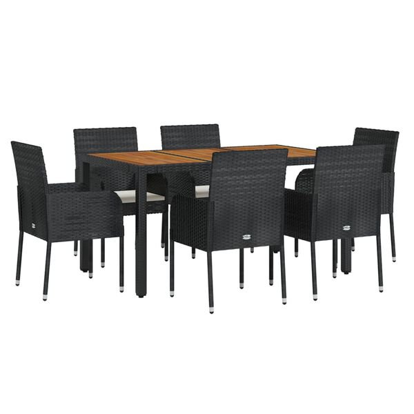 vidaXL 7 pcs conjunto de jantar p/ jardim c/ almofad&otilde;es vime PE preto
