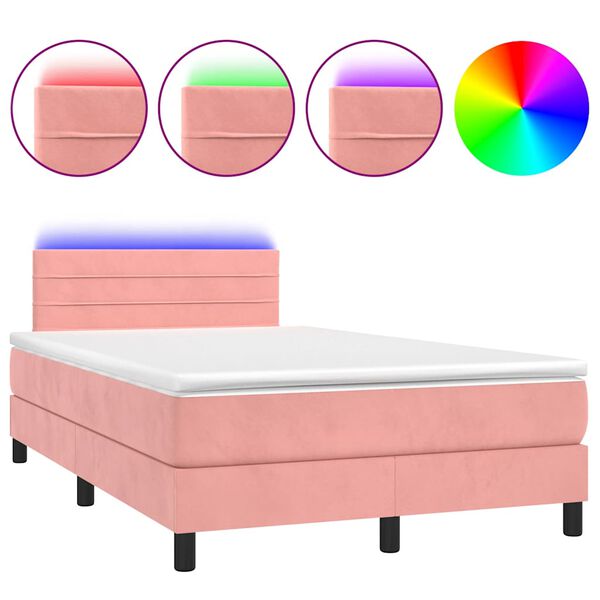 vidaXL Cama box spring c/ colch&atilde;o luzes e LED 120x190 cm veludo rosa