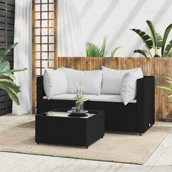 vidaXL 3 pcs conjunto lounge de jardim c/ almofad&otilde;es vime PE preto