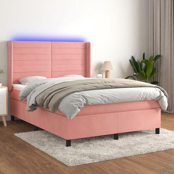 vidaXL Cama box spring c/ colch&atilde;o/LED 140x190 cm veludo rosa