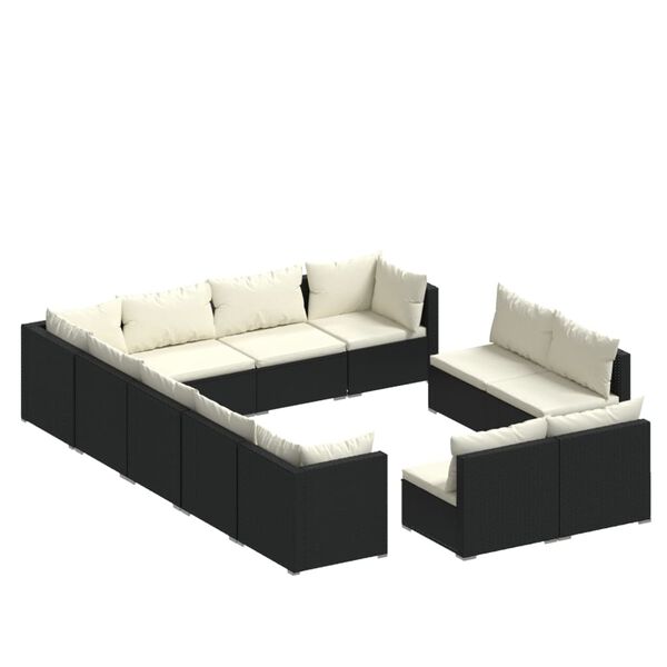 vidaXL 12 pcs conjunto lounge de jardim c/ almofad&otilde;es vime PE preto