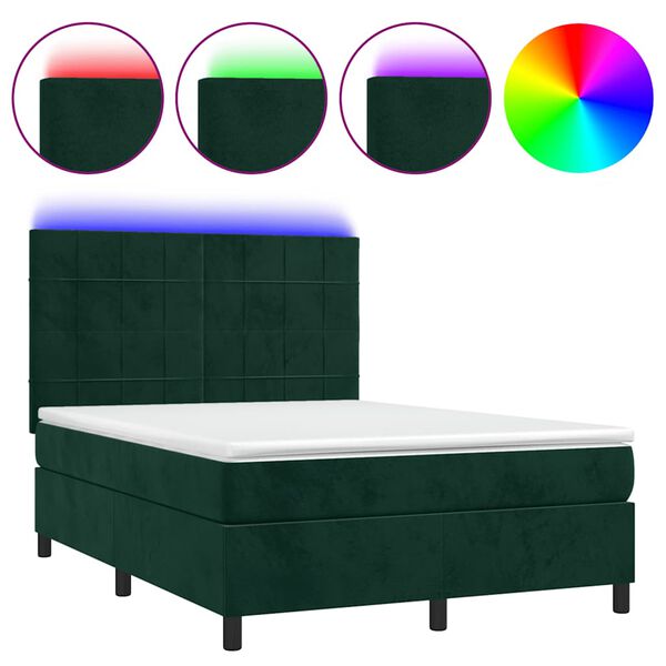 vidaXL Cama box spring c/ colch&atilde;o/LED 140x190 cm veludo verde-escuro