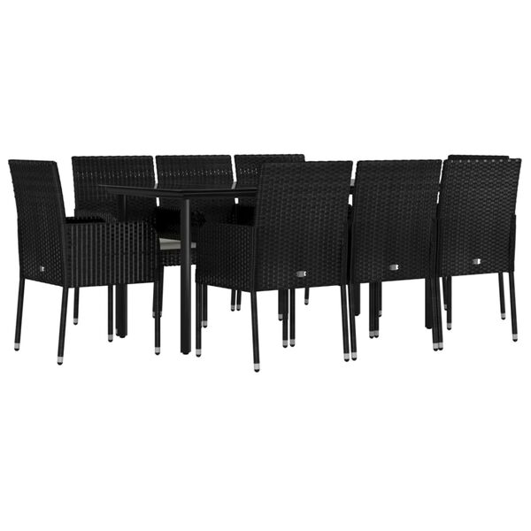 vidaXL 9 pcs conjunto de jantar p/ jardim c/ almofad&otilde;es vime PE preto