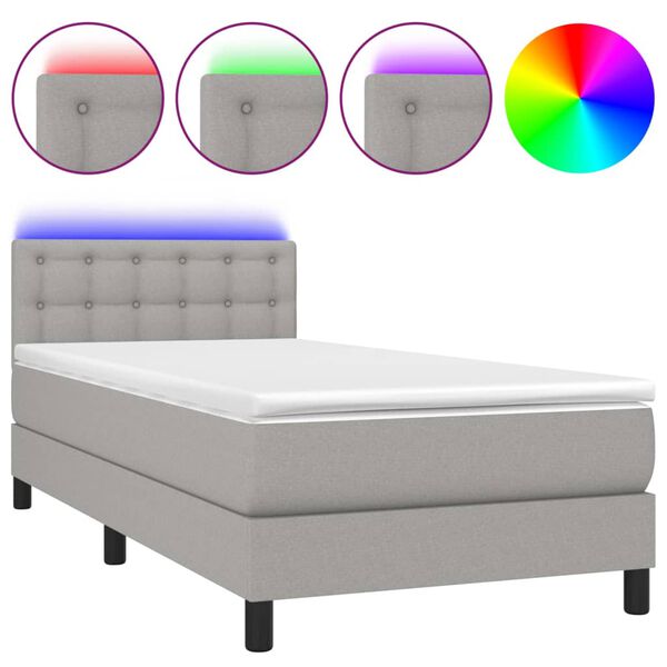 vidaXL Cama box spring c/ colch&atilde;o e LED 90x200 cm tecido cinza-claro