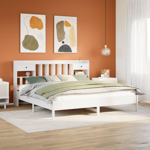 vidaXL Cama com estante sem colch&atilde;o 180x200 cm pinho maci&ccedil;o branco