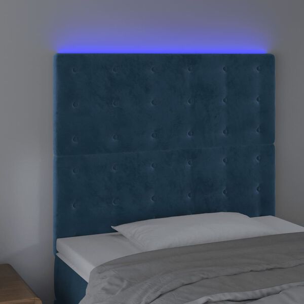 vidaXL Cabeceira cama c/ luzes LED veludo 100x5x118/128cm azul-escuro