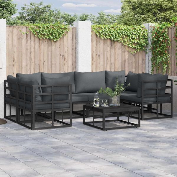 vidaXL Conjunto de Sof&aacute; de Jardim com almofada 7 pcs Preto Alum&iacute;nio