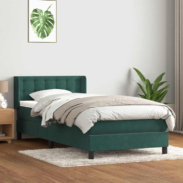 vidaXL Cama com molas/colch&atilde;o 90x220 cm veludo verde-escuro