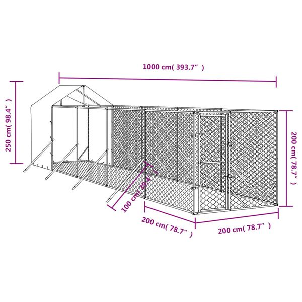 vidaXL Canil de exterior com teto 2x10x2,5 m a&ccedil;o galvanizado prateado