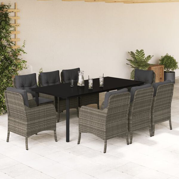 vidaXL 9 pcs conjunto de jantar p/ jardim c/ almofad&otilde;es vime PE cinza
