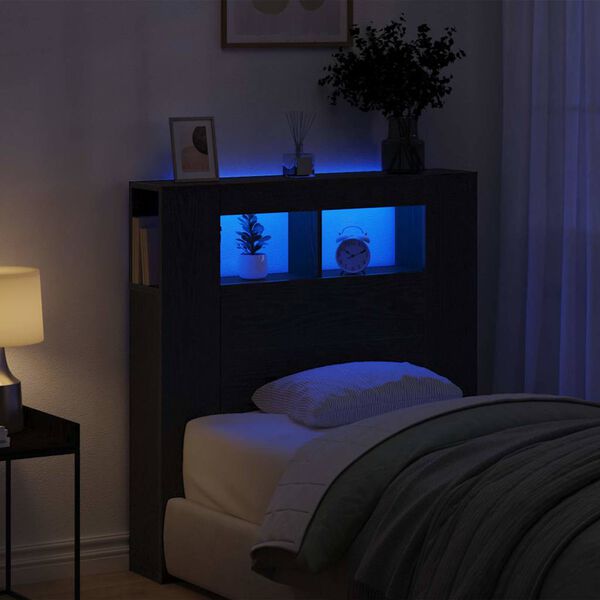 vidaXL Cabeceira LED Carvalho Preto 100 x 18,5 x 103,5 cm