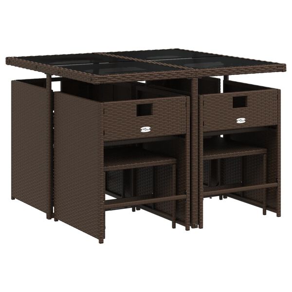 vidaXL 9 pcs conjunto jantar p/ jardim c/ almofad&otilde;es vime PE castanho