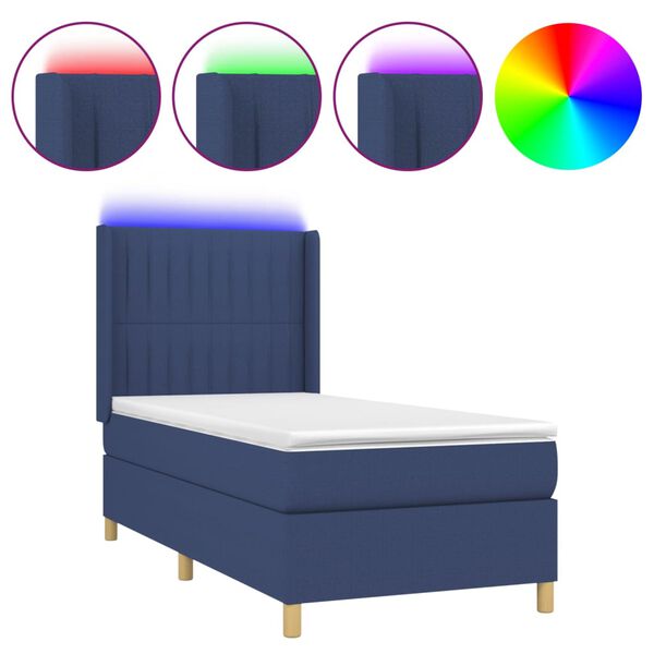 vidaXL Cama box spring c/ colch&atilde;o e LED 90x190 cm tecido azul
