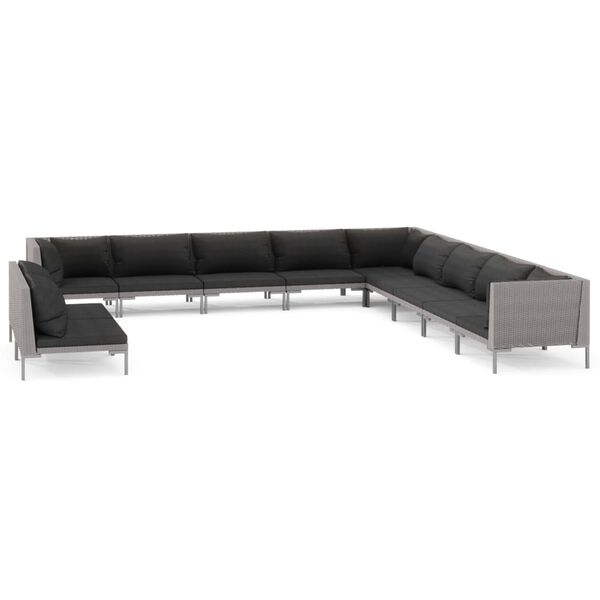 vidaXL 11 pcs conj. lounge jardim c/ almofad&otilde;es vime PE cinza-escuro